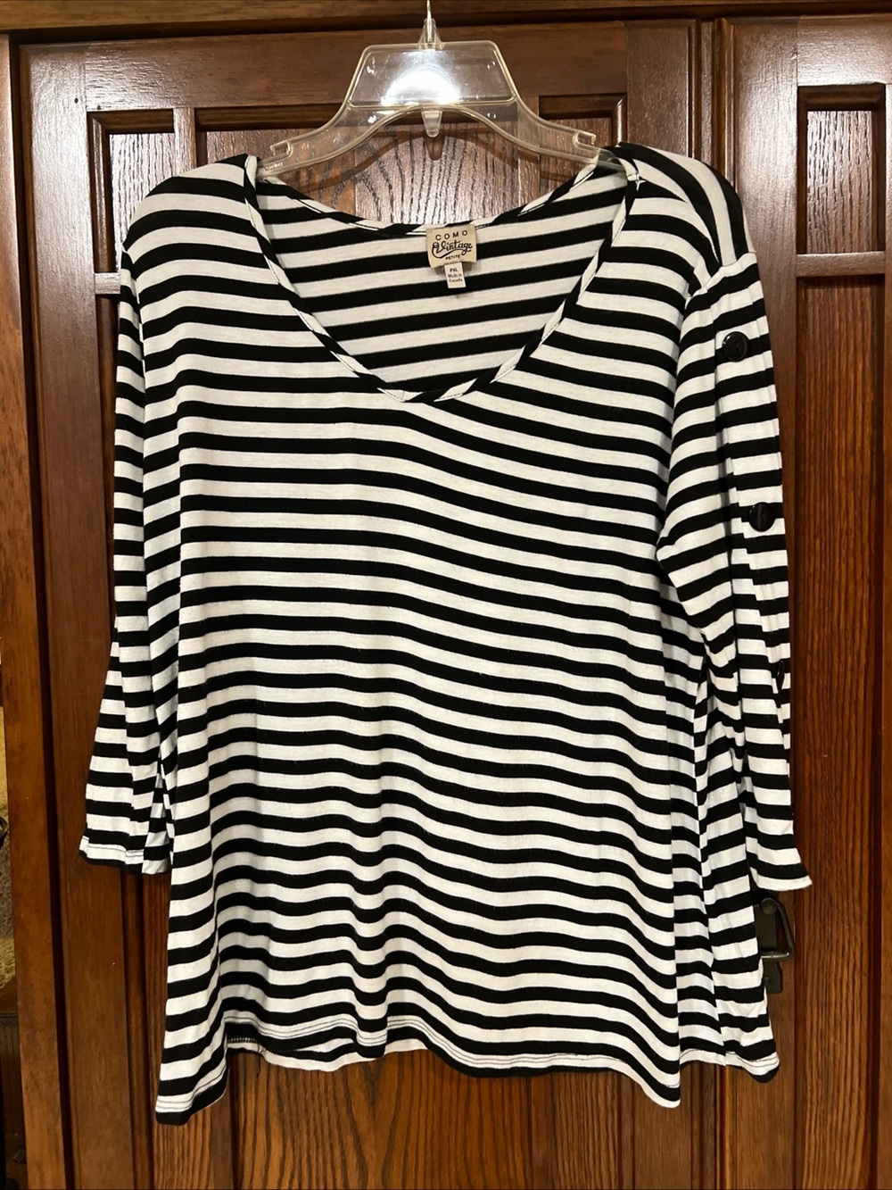 Como Vintage Petite XL Top Women PXL Black White Striped V Neck 3/4 Sleeve Shirt